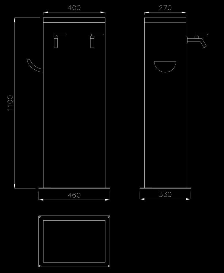 DESCRIZIONE Il TOTEM ACQUA e le COLONNINE PER ADDUZIONE SCARICO di New VMR ha un altezza di 245mm con larghezza 150x100mm e dotato di valvole a sfera 1/2 per la distribuzione di acqua.