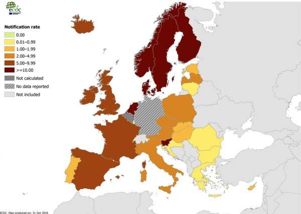 Tassi di casi confermati di malattia invasiva pneumococcica per 100 000 abitanti EU/EEA, 2015 Nel 2015 in Europa sono stati registrati 21.118 casi di IPD (dati riportati da 29 Paesi).
