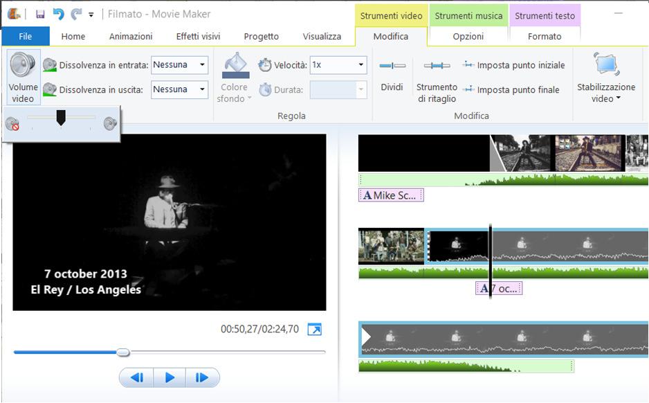 Modificare l audio di una clip video Fare doppio clic sulla clip video Clic su Volume video Regolare l audio Se