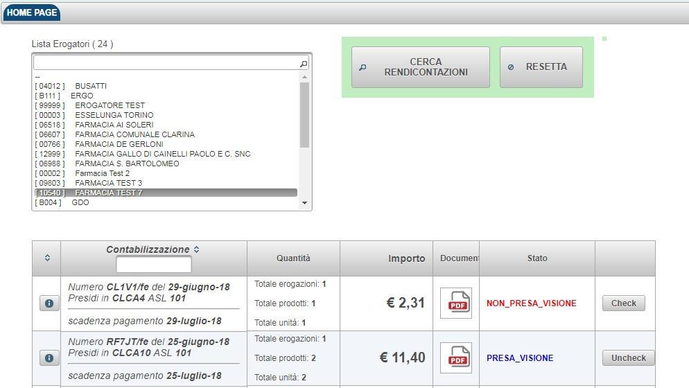 Se la struttura utilizza il Modulo Erogazione WEB, cliccando sul pulsante cerca Rendicontazioni, verranno mostrate tutte le