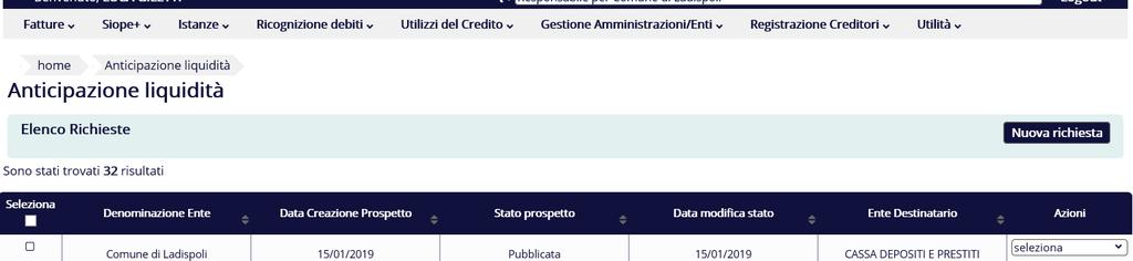 Nuova richiesta di anticipazione La funzione permette di eseguire le seguenti attività: - Ricerca e selezione di fatture da inserire in una richiesta di anticipazione; - Creazione e firma di un