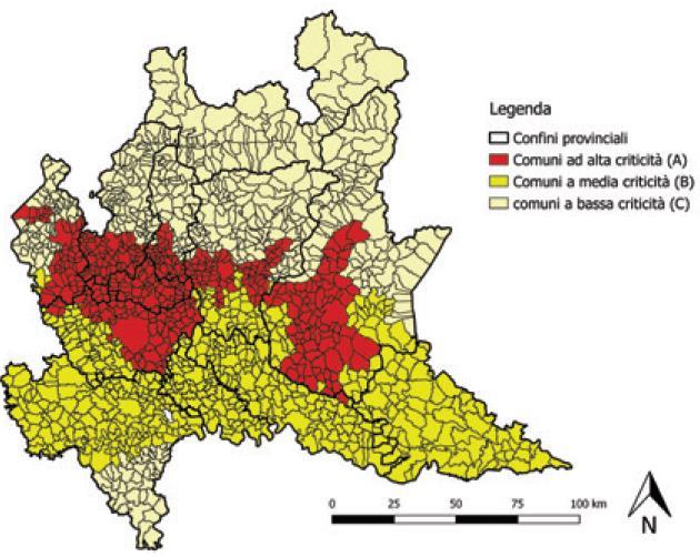 Dettagli Origine dei dati b) Dati di interrogazione: Classi di criticità dei comuni: strato informativo ottenuto a partire dalla carta dei limiti amministrativi della Regione Lombardia (aggiornata al