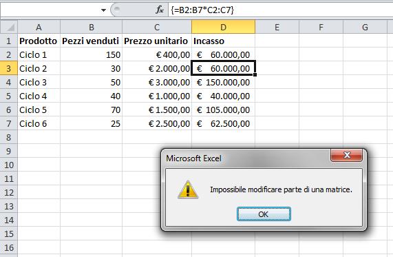 LE MATRICI Si osservi che per confermare una formula matriciale, occorre premere Ctrl+Shift+Invio; così facendo, Excel chiude la formula matriciale tra parentesi graffe in automatico, com è facile