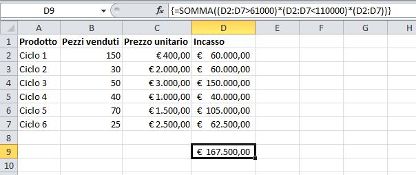 LE MATRICI Se ora si vogliono sommare tutti i valori presenti nella colonna D compresi, però, fra 61000,00 ed 110000,00,