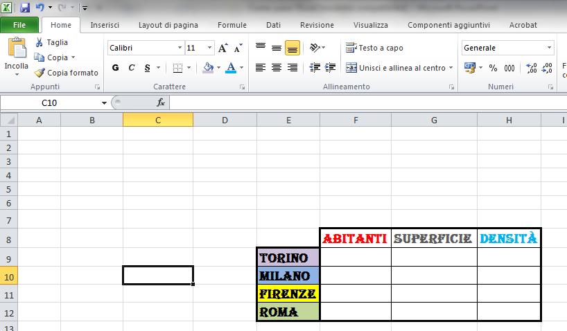 TABELLE E BORDI È possibile, inoltre, cambiare il colore di ogni singola cella e del testo contenuto in ogni singola cella cliccando sulla cella ed utilizzando l apposita icona