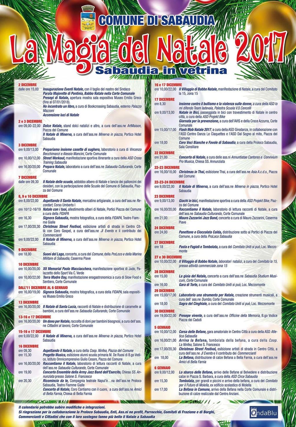 Venerdì 29 dicembre, saranno due gli eventi che coloreranno la giornata nella città di Sabaudia.