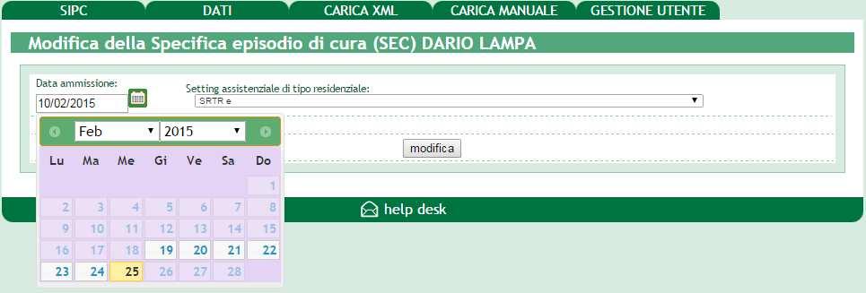 SPECIFICA EPISODIO DI CURA (SEC) - modifica E possibile modificare la data di ammissione della prima SEC di un EC solo se non è stata inserita una SEC successiva e l EC non è stato concluso e/o