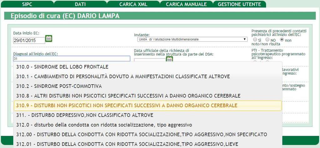 EPISODIO DI CURA (EC) diagnosi La diagnosi può essere inserita