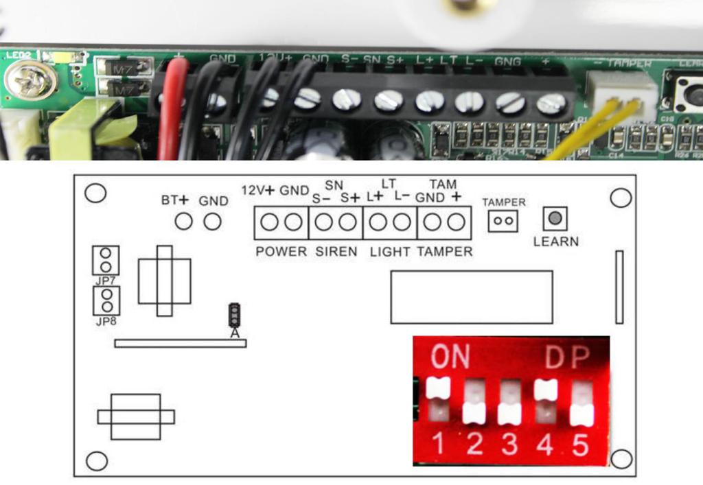 TIPO B Switch 1: lasciare in alto (codice dialogo con Tx 2262)