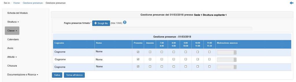 Si aprirà una pagina per indicare le singole presenze dei singoli studenti ed uploadare il foglio firme compilato. Possono qui essere indicate anche le assenze, e la relativa motivazione.