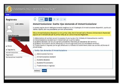 selezionare Immatricolazione standard.