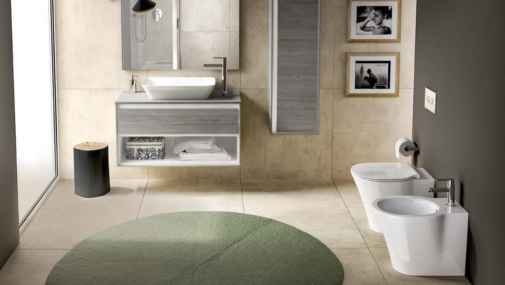 14 15 Lavabo da appoggio Connect AIR cm abbinato a mobile sottolavabo 100 cm e colonna 120 cm legno grigio. Sanitari filo parete Connect AIR. Miscelatori Giò.