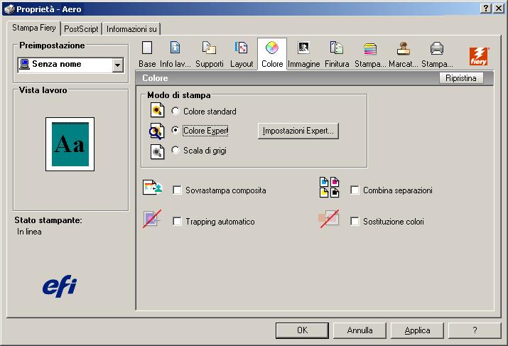 OPZIONI DI STAMPA COLORWISE 96 Prima di procedere, fare quanto segue: Installare il driver di stampa e il PPD di Fiery X3eTY (vedere il manuale Stampa da Windows).