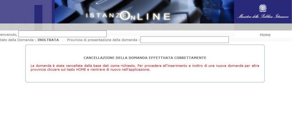 Il sistema prospetta una pagina di avvenuta cancellazione.