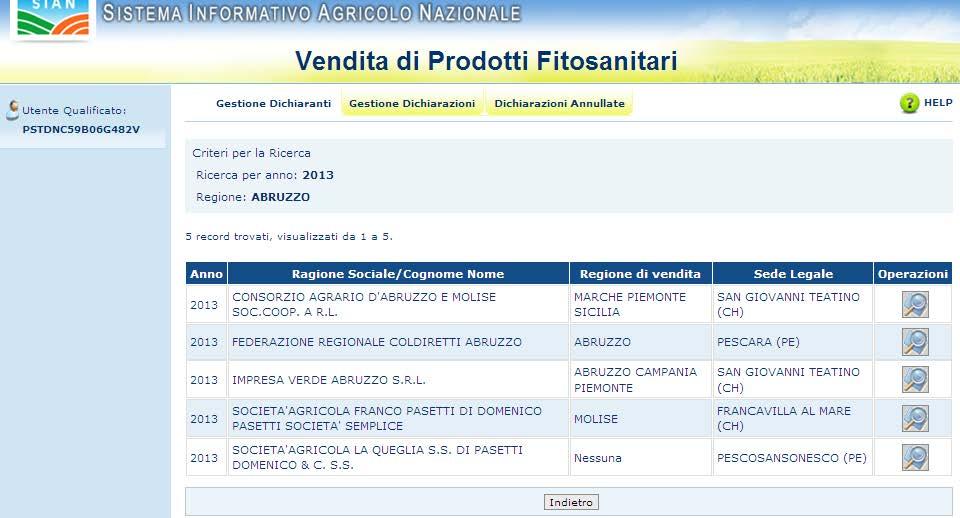 L applicazione permette di visualizzare l elenco delle aziende di cui l utente è Rappresentante Legale e, nel caso di ditta individuale, viene prospettata la singola