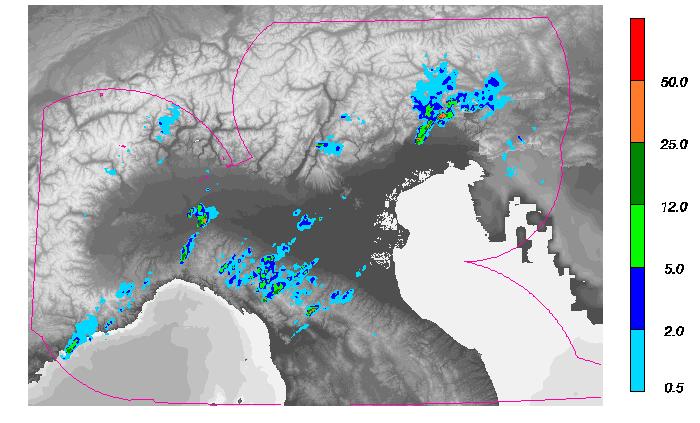 Fig 3. Mappe di intensità di precipitazione dal mosaico radar nazionale del Dipartimento di Protezione Civile del 26/09/2012 alle ore 3.00 UTC (in alto a sinistra), alle 06.