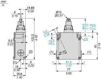 Disegni dimensionali Dimensioni (1) 3 ingressi con foro filettato per passacavo Pg 13,5 (2) 2 fori di centraggio Ø 3,9 ± 0,2