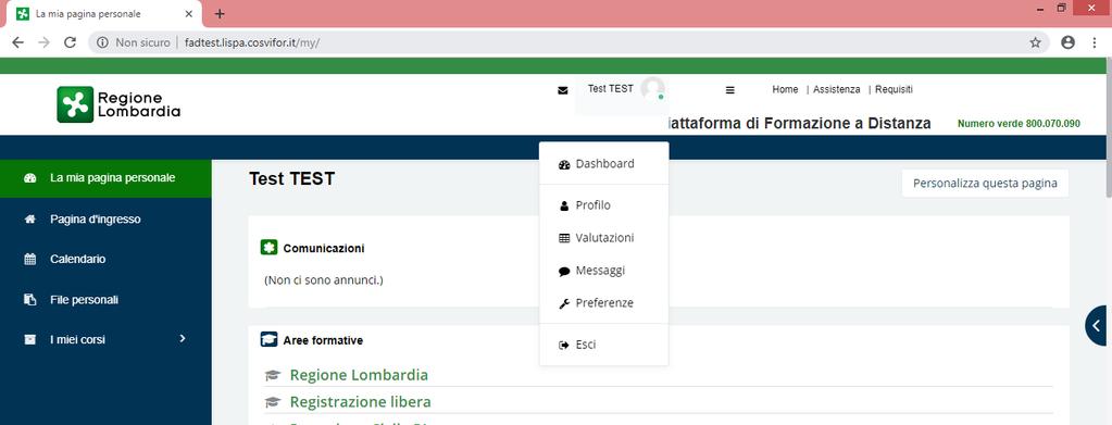 Figura 7 Preferenze - Cambio password Accedendo alle varie voci del menù a tendina è possibile visualizzare il proprio profilo personale oppure ritornare alla