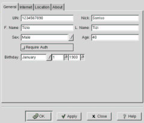 ICQ: «I-seek-you» 1335 Figura 120.3. Impostazione dei dati personali. La finestra in questione è suddivisa in diverse parti a cui si accede attraverso la selezione del lembo appropriato.