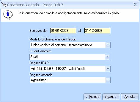 Regime azienda. Campo in cui inserire l eventuale regime speciale a cui è sottoposta l azienda. Il tasto Indietro permette di ritornare al passo precedente, consentendone la modifica.