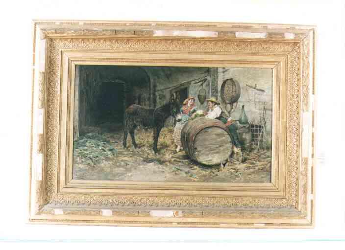 Antonino Leto, Interno con figure di uomo, donna e degli animali, olio su tela, cm 49x84, inv. P.S.