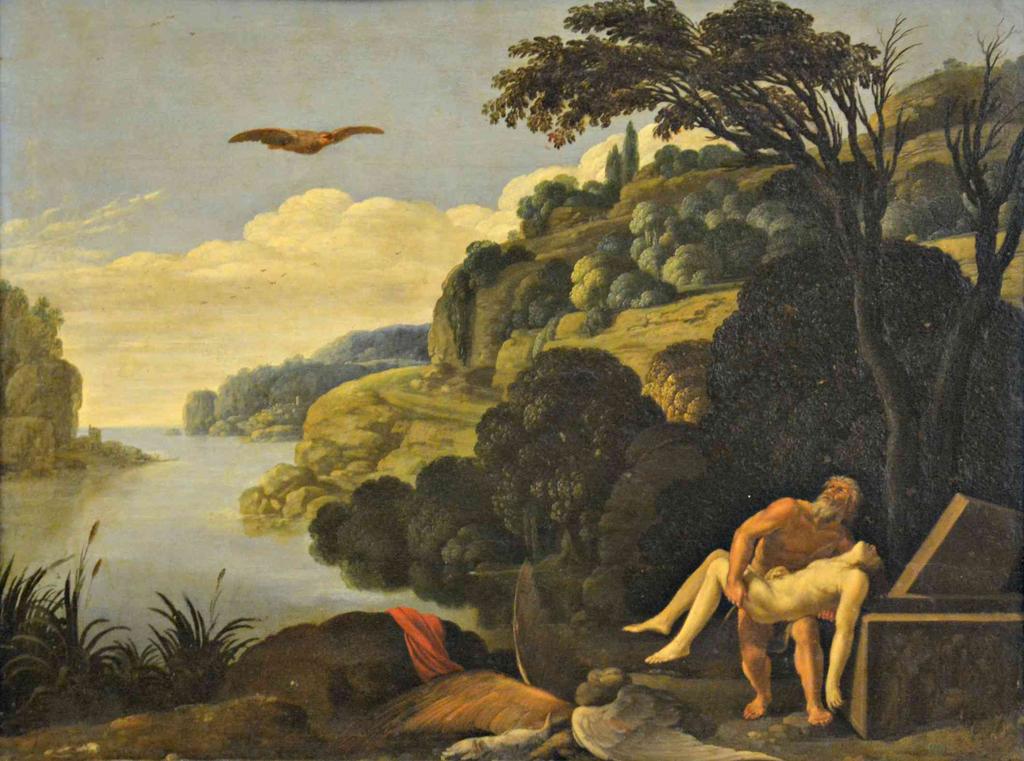 Carlo Saraceni, Paesaggio con sepoltura di Icaro, olio su tela, 41x54 Ovidio.