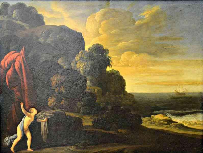 Carlo Saraceni, Paesaggio con Arianna abbandonata, olio su rame, Ovidio.