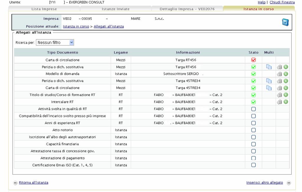 - Compilazione Istanze Dettaglio imprese Allegati alla pratica Colori: *In verde inseriti *In rosso gli elementi mancanti.