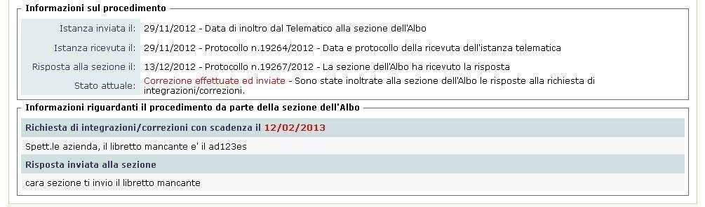 Richiesta Integrazione Evidenze da parte della Sezione L impresa può