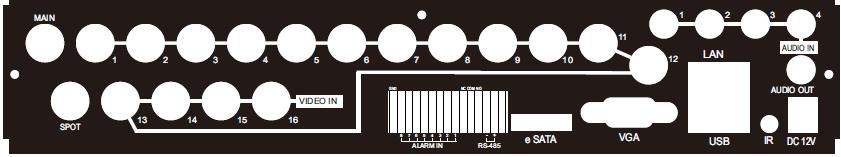 COLLEGAMENTI POSTERIORI DVR 16 INGRESSI 1 2 3 4 5 6 7 8 9 10 11 12 1 MAIN 2 VIDEO IN 3 AUDIO IN 4 LAN 5AUDIO OUT 6 SPOT 7 EXTERNAL I/O 8 esata 9 VGA 10 USB 11 IR 12 DC 12V Uscita BNC per il monitor