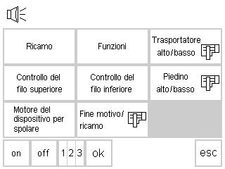 Programma Setup 65 Segnali acustici ci sono segnali acustici per: punti e disegni funzioni trasportatore alzato/abbassato (ricamo) controllo del filo superiore controllo del filo inferiore piedino