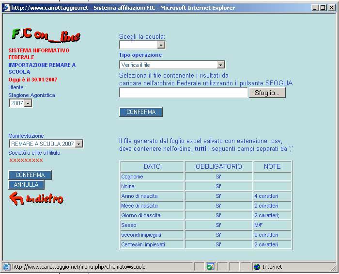 5.1 - Trasferisci Risultati Scuole Tramite questa scelta del menu viene visualizzata la finestra mostrata di seguito che consente di trasferire il foglio excel riempito con i risultati della scuola,