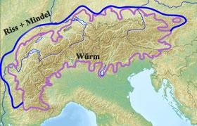 I periodi glaciali in Italia: evidenziati i contorni dei ghiacciai durante la glaciazione Riss, Mindel e Würm. La glaciazione del Würm (20.