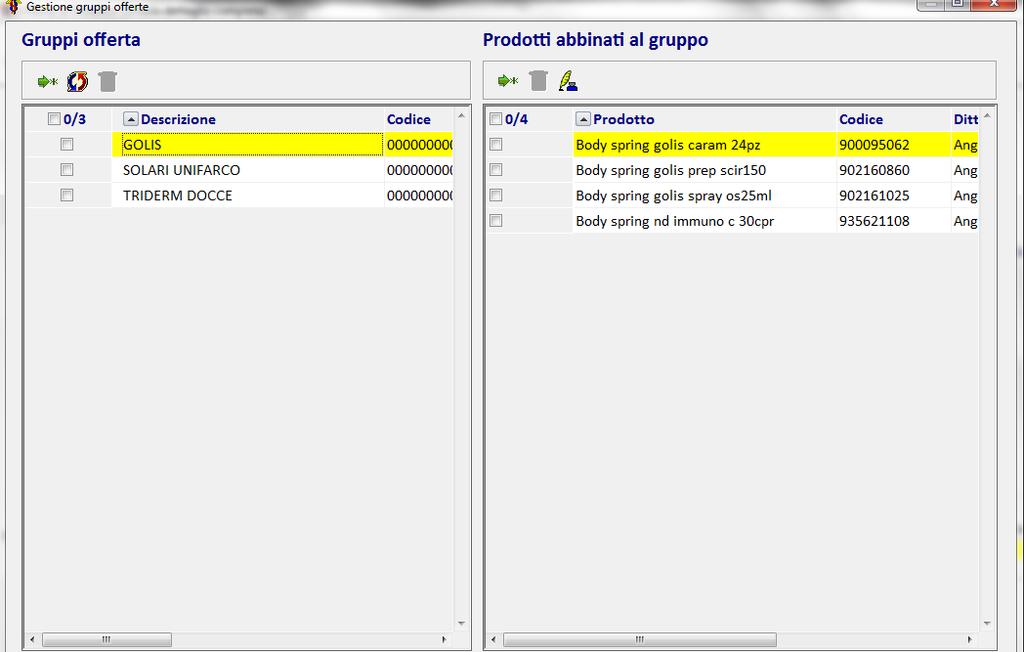 creazione e gestione dei Gruppi di offerta. La sezione a destra permette invece di associare i prodotti ad un singolo gruppo (evidenziato in giallo nella sezione Gruppi offerta ).