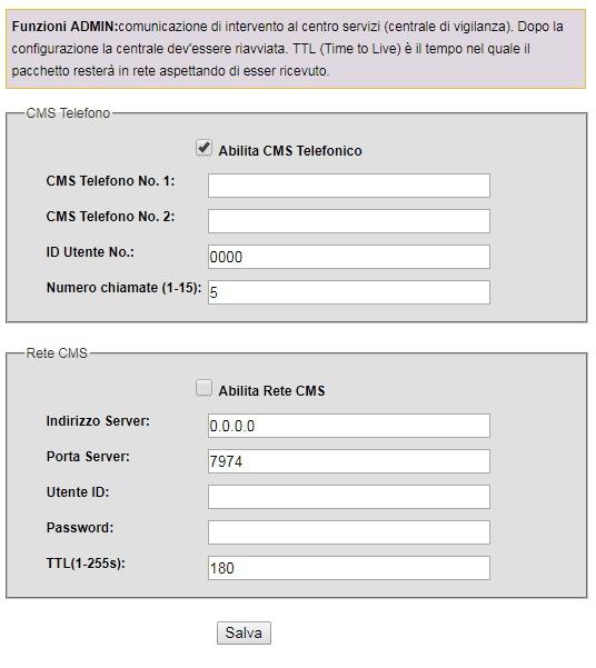 Impostazione CMS Contact ID: dopo aver abilitato la casella invio Contact ID, è possibile inserire 2 numeri per la centrale di sorveglianza.
