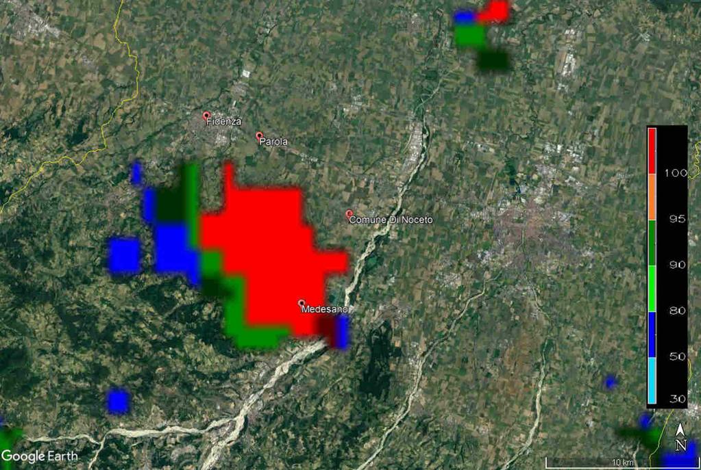 In Figura 14 è mostrata la probabilità di grandine sul Parmense (POH) per il radar di Gattatico; in rosso la probabilità è del 100%.