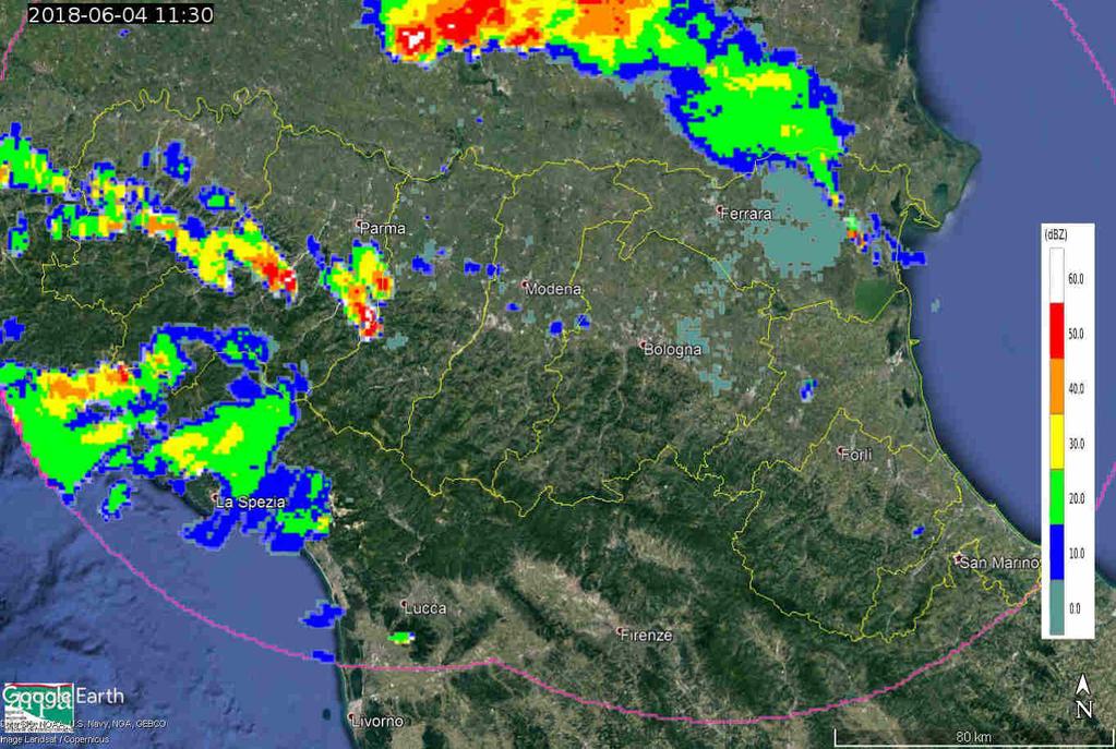 Mappe di riflettività del 04/06/2018 alle 11:00 UTC (in alto a