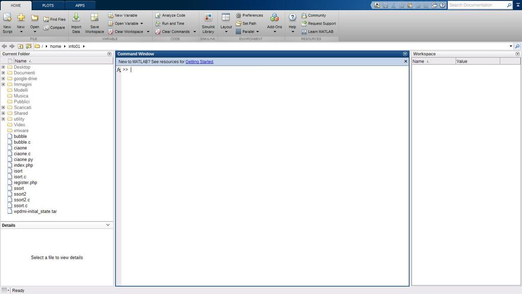 L interfaccia di Matlab Current Folder: navigazione cartelle e file Command Window: