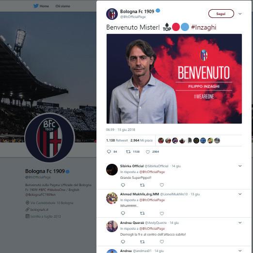Il post, pubblicato a metà mese, ha ottenuto 3.362 interazioni. Twitter Il Bologna con l annuncio del nuovo allenatore ha guadagnato un ER del 2,81%.