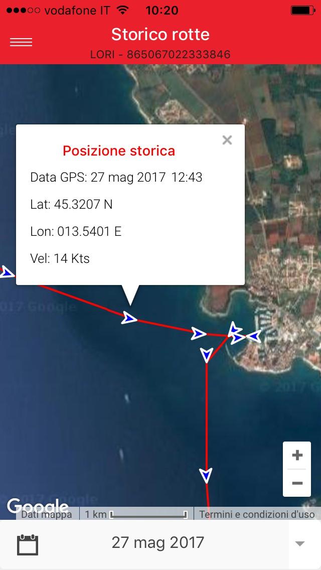 Le frecce sulla rotta indicano la direzione della barca e se si clicca sulle stesse visualizzano giorno, ora, posizione e velocità di quello