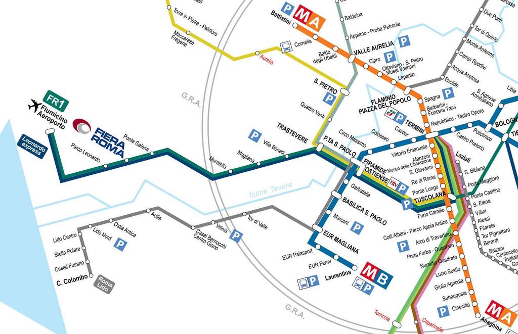 Come raggiungere Fiera Roma - TRENO IN TRENO FL1 Dalle Stazioni Tiburtina, Tuscolana e Ostiense collegate alle linee A e B della Metropolitana prendere il Treno FL1 in direzione Fiumicino e scendere