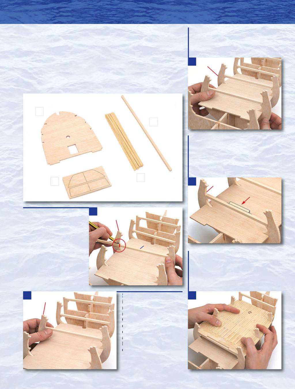 ISTRUZIONI DI MONTAGGIO SCHEDA 5 Due ordinate e la coperta inferiore di prua 1. Rinforzi della falsa chiglia di prua 2. Coperta principale di prua 3. Serie di listelli di ramino da 0,6x5x200 mm 4.