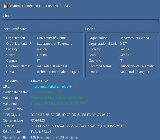 Autenticazione Certificati Certificato di un server web firmato da una CA riconosciuta dal browser 6.