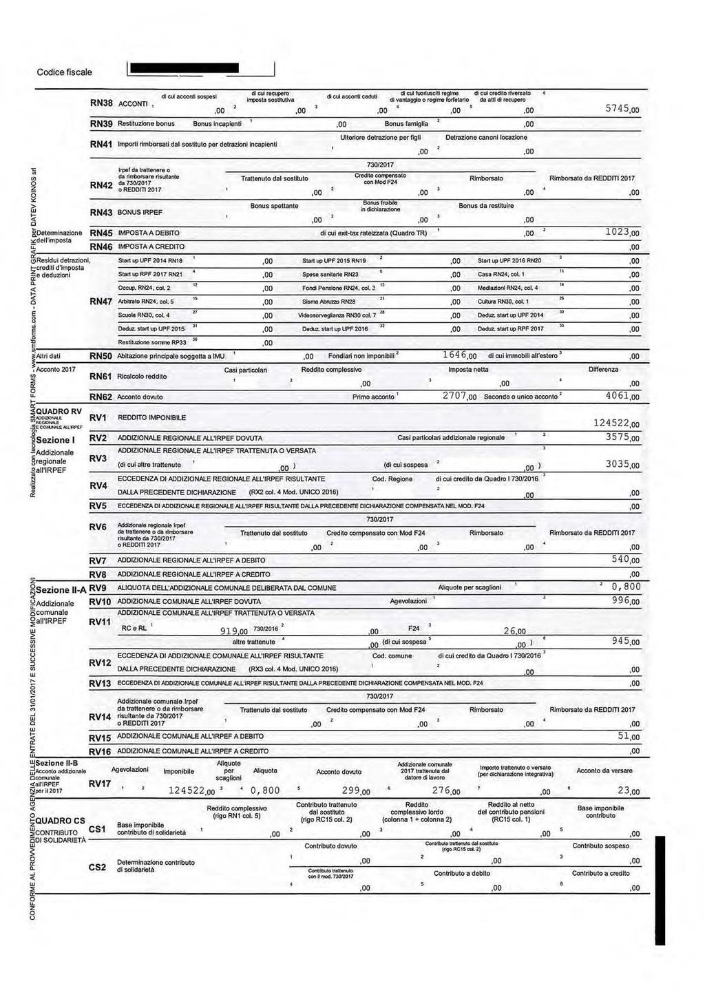 ;i ' a; Cdice fiscale RN38 ACCONTI, RN39 Restituzl bnus di cui acnll sspesi di eul recuper llt1)0sta sstitutiva Bus incapienti RN41 Imprti rimbrsali dal sstitut per detrazini incapienti RN42 lrper