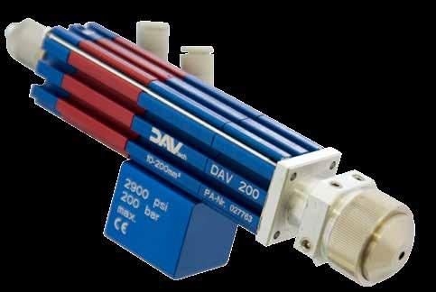 200 bar (disponibile versione a bassa pressione) Quantità dispensabile DAVS 100: 1-20 mm³ (0,001-0,020 cc) DAVS 200: 10-200 mm³ (0,01-0,20 cc) Pressione aria azionamento 5-7 bar Pressione aria