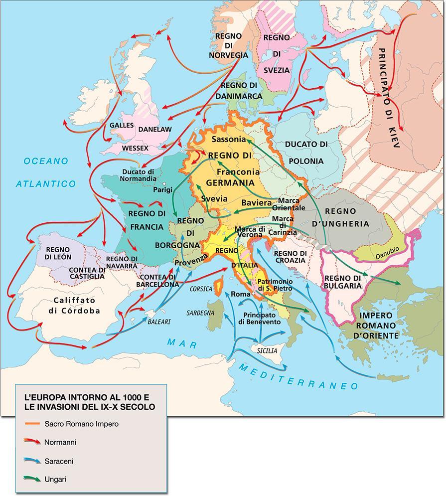 Le invasioni del IX-X secolo. DA EST, gli Ungari effettuano scorrerie lungo l Impero germanico e l Italia; sono fermati dall imperatore Ottone I (battaglia di Lechfeld, 955).