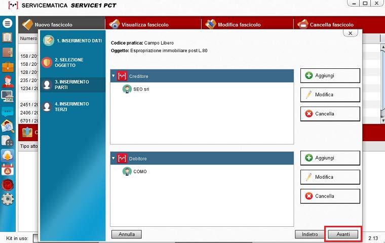 Inseriti anche i Debitori cliccare su "Avanti" per