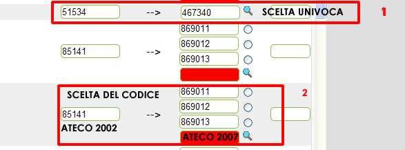 Se il codice ATECO 2002 ha trascodifica non univoca si procederà alla scelta manuale del codice ATECO 2007 dalla lista resa disponibile dall applicativo.