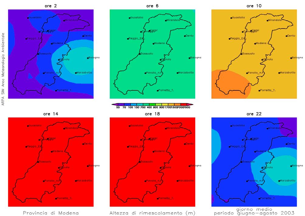 Fig. n 4: altezza di rimescolamento in inverno ed in estate su tutto il territorio provinciale (dati CALMET) Intensità e direzione del vento Le Fig. n 5 e la Fig.