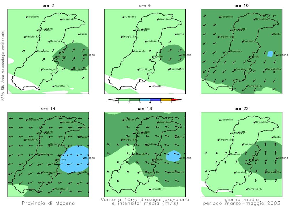 Fig. n 7: velocità media del vento a 10 metri e direzioni prevalenti in inverno ed in primavera, su tutto il territorio provinciale (dati CALMET) 290 280 350 0 10 340 500 330 20 30 320 400 40 310 300